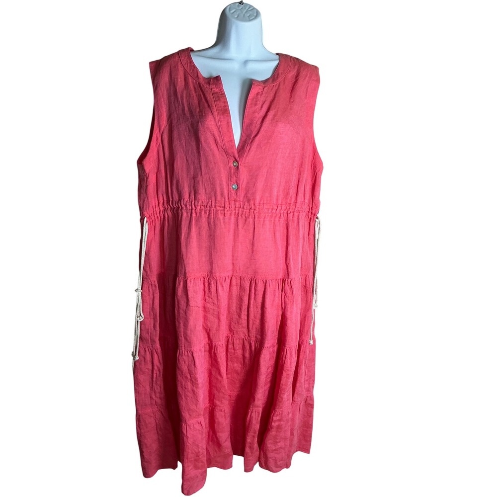 Finley Pink Linen Tiered Midi Dress Sleeveless Drawstring Waist Womens Large L